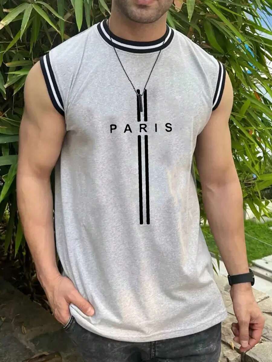 Camiseta sin mangas para hombre con gráfico de letras y ribete de contraste - Gris - Ver 1