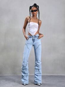 Jeanoix Pantalones vaqueros acampanados de tiro alto con pliegues, de estilo vintage, con bolsillos, para mujer - Lavado ligero - Ver 3