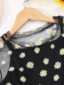 Conjunto de vestido de malla con estampado de margaritas y vestido de tirantes finos de moda para adolescente