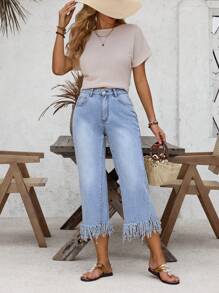 SHEIN LUNE Fringe Hem Flare Leg Jeans - Blue - View 3