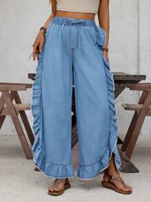SHEIN LUNE Casual Water Washed Denim Flared Pants With Ruffle Hem
