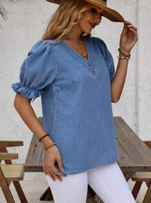 SHEIN LUNE Puff Sleeve Button Detail Denim Top For Summer