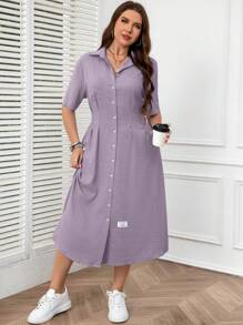SHEIN LUNE Plus Size Solid Color Single Breasted Textured Fabric Short Sleeve Women's Dress - Mauve Purple - View 5