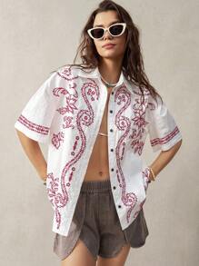 Bohemela 女性教師度假刺繡裝飾休閒襯衫 - 白色 - 查看 6