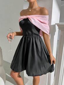 Zolique Vestido sencillo diario de hombros descubiertos de bloque de color para mujeres - Negro - Ver 4