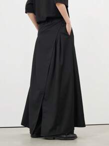 Claim Dot 男士阔腿裤，带前扣和侧袋，外出时尚纯色长款宽松裤，适合丈夫、男朋友的礼物，适合秋季 - 黑色 - 查看 2