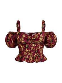 Frida Kahlo X SHEIN Blusa de peplum para mujer con hombros descubiertos, busto fruncido y estampado en toda la tela - Burdeos - Ver 5