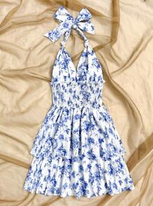 Soleia Women's Romantic Ditsy Floral Halter Neck Back Tie Ruffle Hem Mini Dress For Vacation, Party, Casual, Cute Vintage Bachelorette