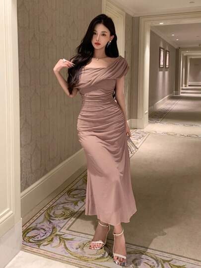 DAZY Vestido midi de manga corta con cuello asimétrico de unicolor para mujer, vestido de fiesta elegante para boda