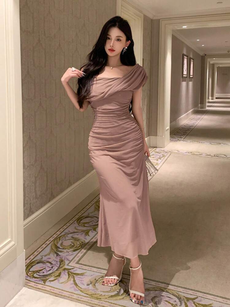 Valentine's Solid Color Asymmetric Neck Short Sleeve Midi Dress For Women Prom Dress Elegant Sundress,Dress For Wedding
