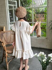 SHEIN Tween Girls' Countryside Style Wide Ruffle Hem Round Neck Short Sleeve A-Line Dress, Perfect For Casual Summer - Apricot - View 2