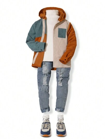SHEIN Áo len cardigan có mũ trùm đầu màu sắc dành cho trẻ em Tween Boy Casual College đi nghỉ bằng vải nhung & có lớp lót dệt