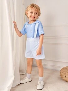 SHEIN Bộ 2 món: Áo sơ mi tay ngắn phong cách quý ông thời đại học màu xanh navy và quần short có quai màu trắng tinh khiết, phối màu cổ điển, quý ông nhưng vẫn thời trang, thoải mái cho bữa tiệc hàng ngày của trường đại học, đầy phong cách Anh, đa năng, thích hợp cho các buổi đi chơi, mua sắm, mặc hàng ngày, đẹp trai và sành điệu, hoàn hảo cho mùa xuân và mùa hè - Màu xanh lam - Xem 4