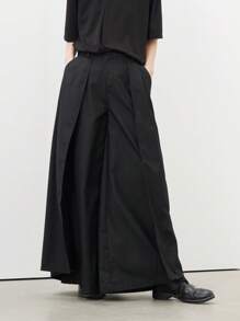 Claim Dot 男士阔腿裤，带前扣和侧袋，外出时尚纯色长款宽松裤，适合丈夫、男朋友的礼物，适合秋季 - 黑色 - 查看 1