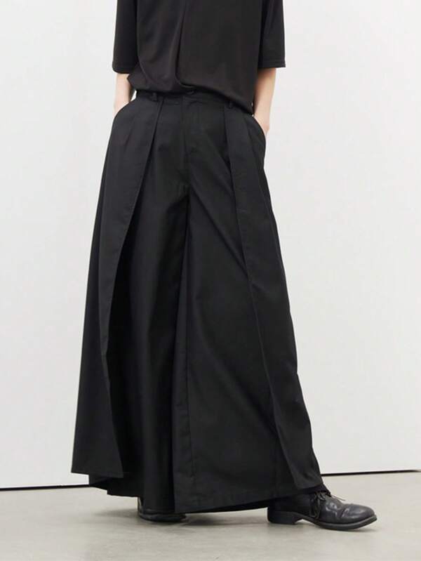 Claim Dot Men's Wide Leg Pants With Front Button And Side Pockets, Going Out Fashion Plain Long Oversize Pants, For Husband, Boyfriend Gifts, For Fall