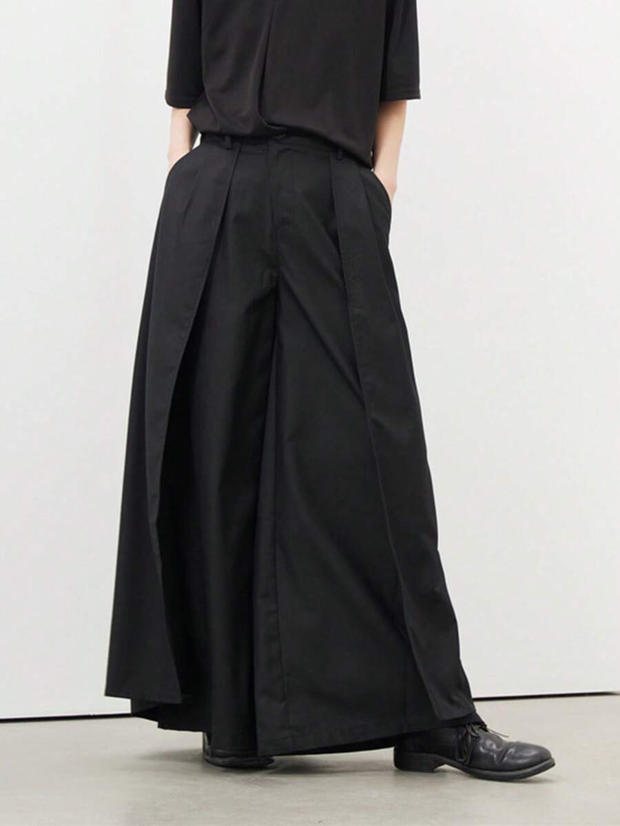 Claim Dot 男士阔腿裤，带前扣和侧袋，外出时尚纯色长款宽松裤，适合丈夫、男朋友的礼物，适合秋季 - 黑色 - 查看 1