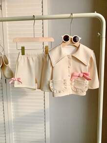 SHEIN Elladie kids Conjunto Elegante e Lindo de 2 peças para Meninas Bebês em Bege Claro para Uso Casual Diário no Outono, Apresentando Laço 3D e Lapela Grande - Caqui - Ver 3