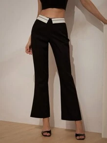 GENKIRA Flared Hem Horseshoe Design Foldable Waist Trousers Pants With A Chic Look Fall Cloth For Women - Black - View 5