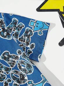 Mr Men Little Miss X SHEIN Tween Boy Bright Blue Letter Printed Cool Casual Homewear Set - Blue - View 10