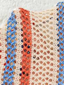 Calvaya Plus Size Spring/Autumn Casual Color Block Striped Hollow Knitted Sweater Fall Winter - Multicolor - View 7