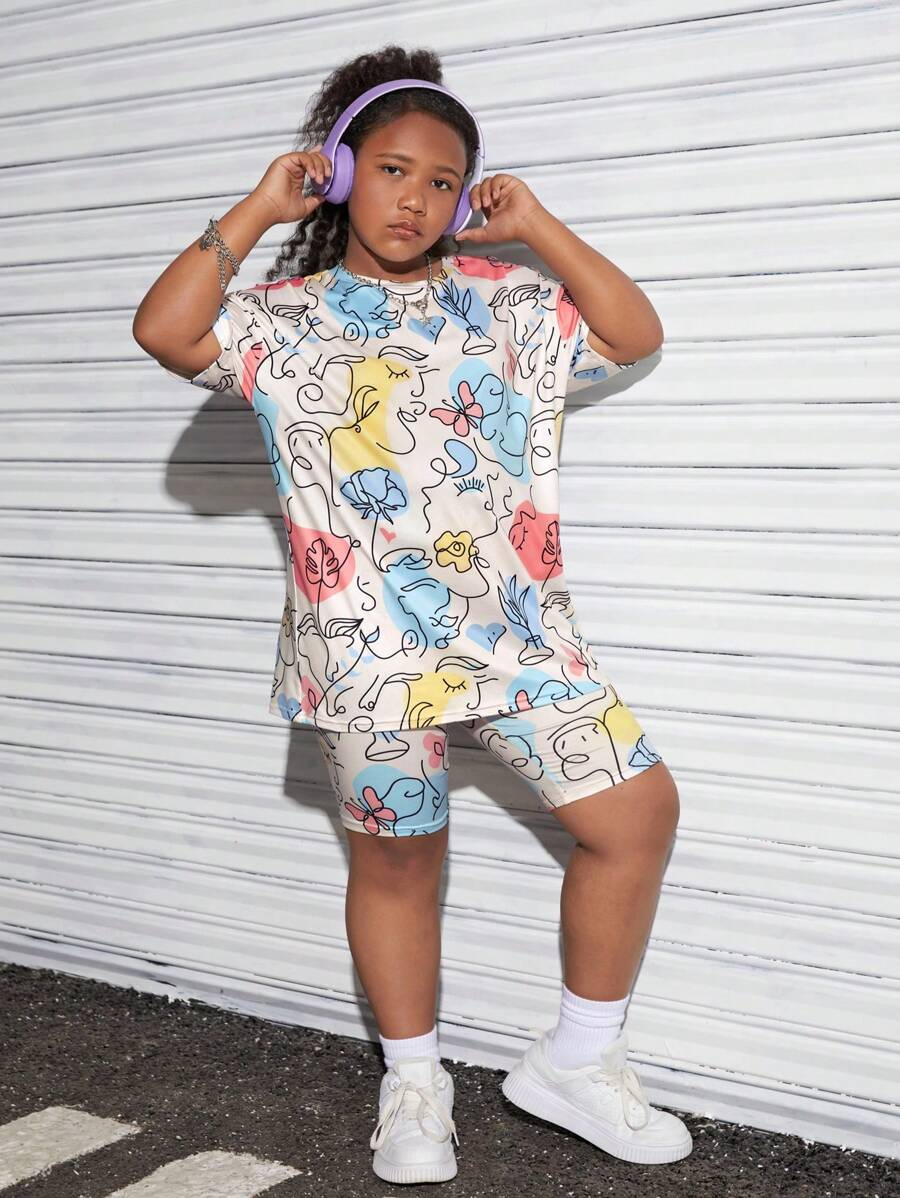 SHEIN 青少女加大尺寸通勤休閒針織圓領短袖短褲套裝，春夏季