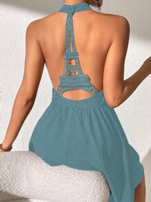 Chiquease Của phụ nữ Không lưng Ren Vá lại Tháp Eiffel In Halterneck Đầm - Màu xanh lam - Xem 1