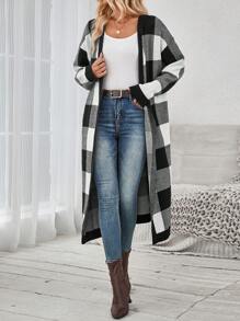 SHEIN LUNE Casual Checkerboard Pattern Long Cardigan With Pockets Fall Sweaters - Black and White - View 4