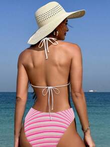 SHEIN Swim 女式條紋露背領帶性感比基尼套裝，適用於夏季沙灘 - 粉色 - 查看 2