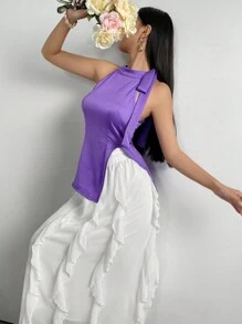 Modelyn Conjunto de 2 piezas con top de hombros anudados y dobladillo asimétrico, y falda con ribete de volantes - Morado - Ver 2