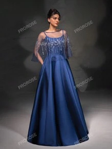 Nuovo elegante vestito da sera a trapezio con spalline in pizzo e rete con scialle