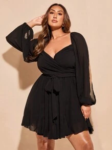 SHEIN BAE 大码女式黑色纯色沙滩度假日常约会性感简约雪纺连衣裙，深V领口，蝴蝶结系带，开衩灯笼袖 - 黑色 - 查看 2