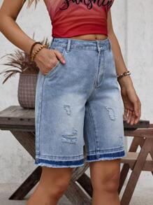 SHEIN LUNE Quần short denim có viền thô rách cho trang phục hàng ngày - Màu xanh lam - Xem 3