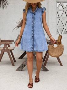 EMERY ROSE Solid Color Denim Dress With Frill Trimmed Cap Sleeve - Blue - View 1