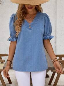 SHEIN LUNE Puff Sleeve Button Detail Denim Top For Summer