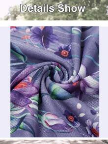 CheersLife Women's 3/4 Sleeve Cinched Waist Top, Casual Loose Printed Blouse, Layered Ruffle Mesh Shirt - Violet Purple - View 4