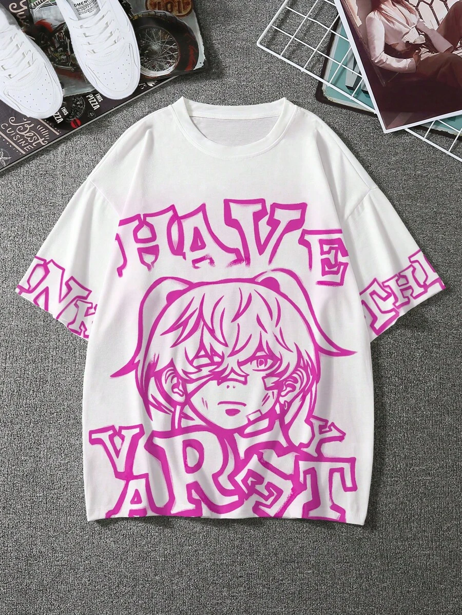 Manfinity Hypemode 男士夏季休閒短袖T恤，帶字母和卡通人物印花