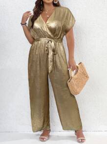 SHEIN Unity Plus Size Elegant High-End Party Jumpsuit With Belt, V-Neck And Batwing Sleeves For New Year Holiday Party Clothes - Gold - View 7