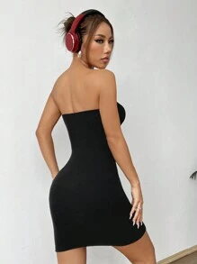 SHEIN Unity Vestido de tubo mini apertado sem alças, sólido e sexy de verão - Preto - Visão 2
