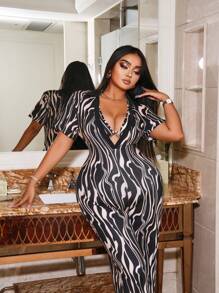 Allurite Plus Zebra Striped Plunging Neck Jumpsuit - Black - View 5