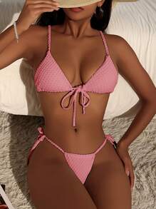 SHEIN Swim Tie Front Triangle Tie Side Bikini Set Summer - Dusty Pink - View 4