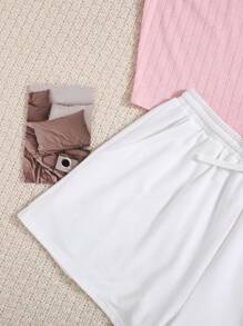 SHEIN Teen Girl Fresh & Sweet Bowknot Lace Trimmed Cami Top With Waist Drawstring Shorts, Summer Pajama Set