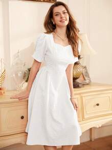 SHEIN Privé Elegant White Puff Sleeve Waist Cinched Embossed Fabric Women's Dress - White - View 5