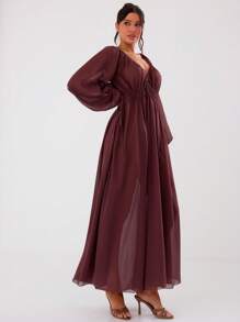 MUSERA Low Plunge Balloon Sleeve Loose Fit Maxi Dress Spring Summer Vacation Beach Long Dress Elegant Graduation Prom - Red Violet - View 3