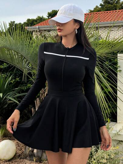 DAZY Women's Color Block Long Sleeve Casual One-Piece Swimwear Set With Skirt, Perfect For Diving, Surfing And Vacation Summer Beach