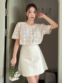 DAZY Lace Round Neck Women's Solid Color Simple Daily Top Sheer - Apricot - View 4