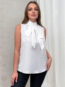 SHEIN Privé 加大尺碼無袖基本蝴蝶結夏季衫，優雅通勤風格 - 白色 - 查看 5