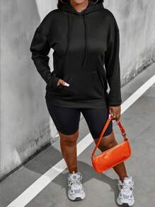 Calvaya Plus Size Slogan Graphic Kangaroo Pocket Drawstring Sweatshirt - Black - View 3