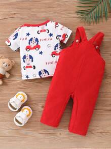 男童卡通刺繡肩帶短褲套裝，夏季 - 紅色 - 查看 2