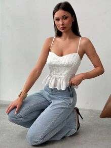 Aloruh 女士简约优雅白色褶皱荷叶边吊带背心 - 白色 - 查看 6