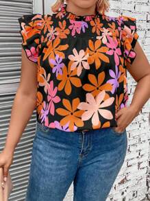 SHEIN LUNE Summer Plus Size Allover Print Shirred Ruffle Hem Blouse - Multicolor - View 1